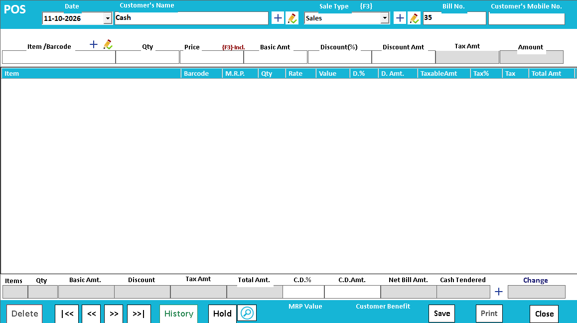 POS entry screen: customer, sale type, bill number and the scanning grid with the payment panel below.
