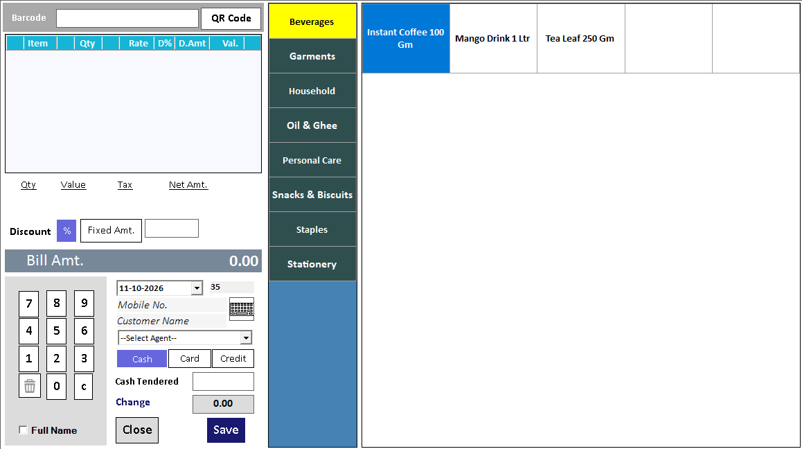Touch POS: item groups down the left and large item buttons in the middle.