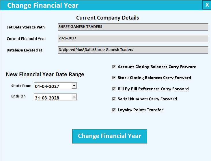 Change Financial Year: the new date range and the five carry-forward options.