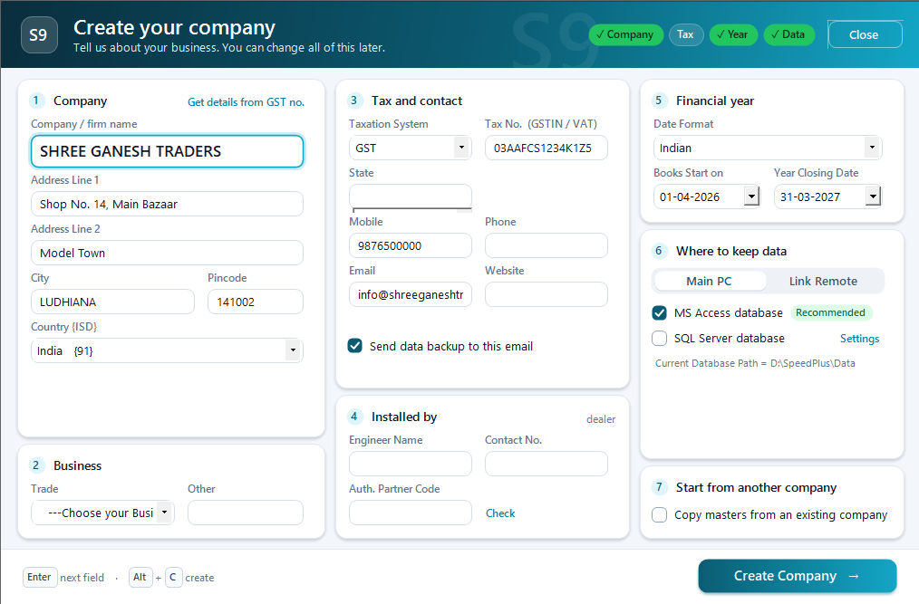 Create your company screen: company name, address, GST number, trade and the financial year, with the Create Company button.