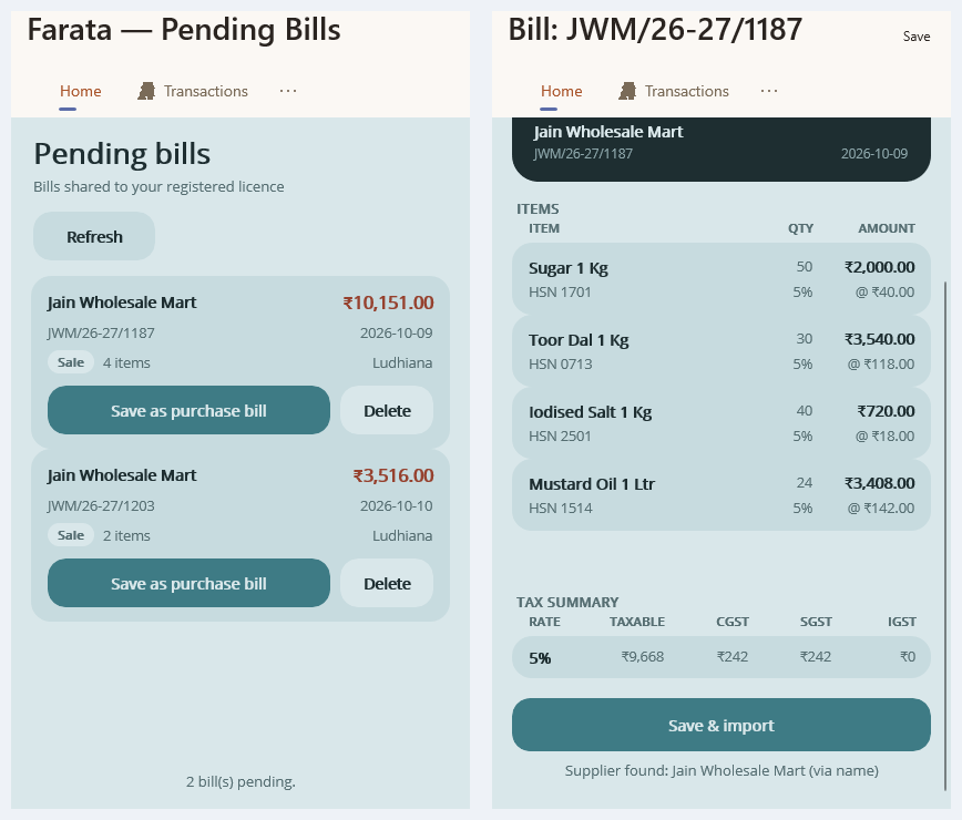 Farata Pending Bills: two bills a wholesaler sent to this shop, and the Invoice preview of one of them with its items, tax summary and the Save & import button.
