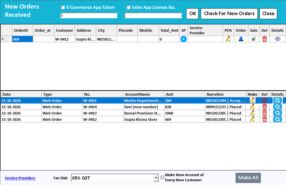 New Orders Received: the Farata and Sales App boxes, Check For New Orders, and the received orders listed below.