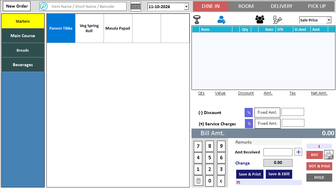 Touch KOT order screen with DINE IN selected, menu groups on the left and the order grid on the right.