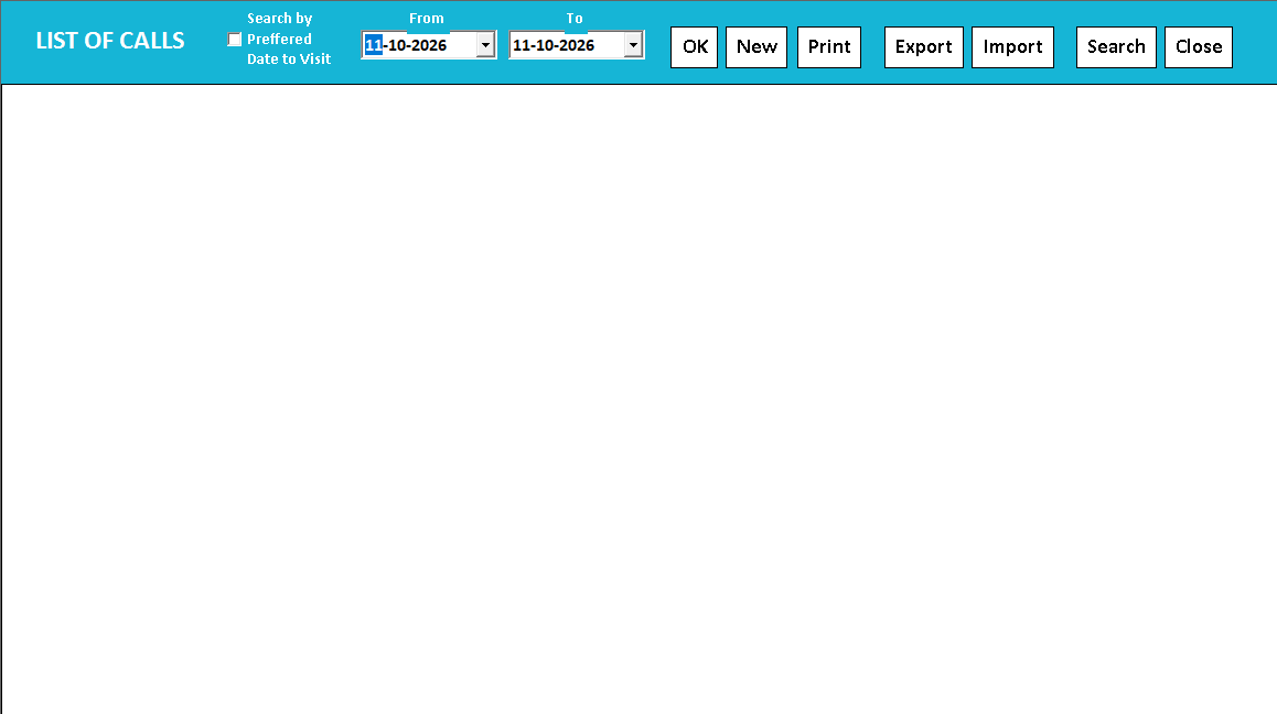 Call Recorder (CRM): the list of calls with the date range and the New, Print and Search buttons.