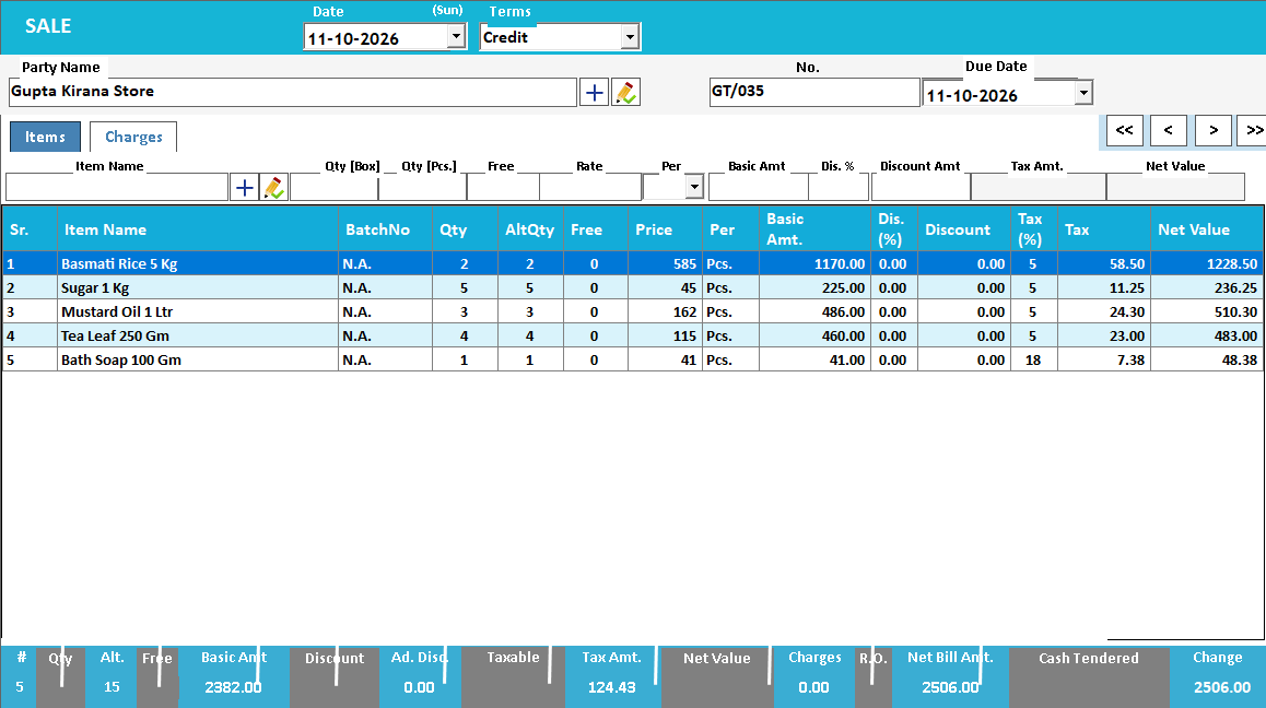 A sale bill with five items; quantity, rate, tax and net value are worked out line by line.