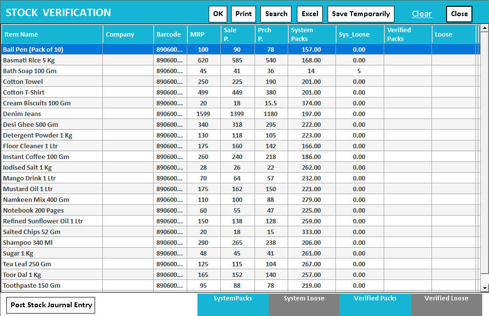 Stock Verification: the system packs of every item beside the Verified Packs column you fill in.