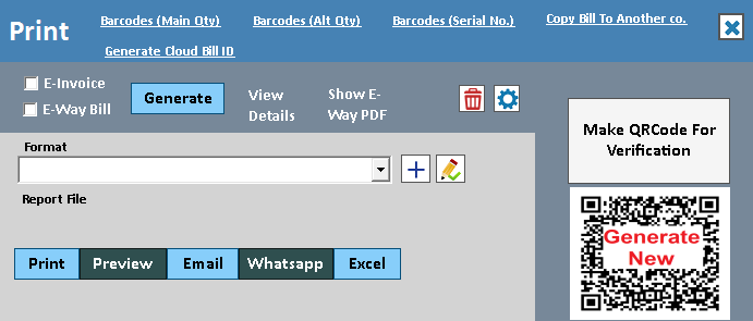 The Print window: format, preview, print, e-mail and WhatsApp buttons.